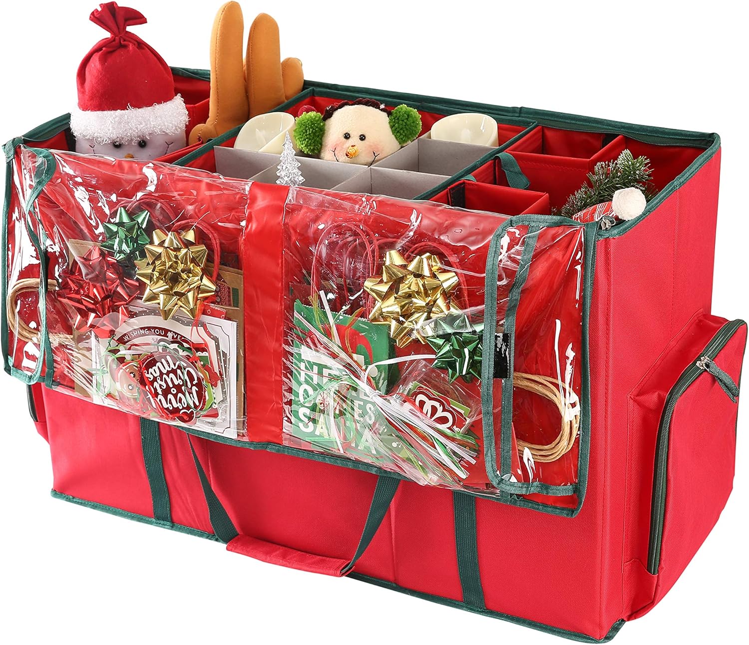 Holiday Décor Storage - Sattiyrch 2-in-1 Christmas Ornament Storage Box & Xmas Figurine Container - Easy Access Removable Trays, Keeps 73 Holiday Ornaments - Adjustable Extent Area for Figurines and Pockets for Decoration