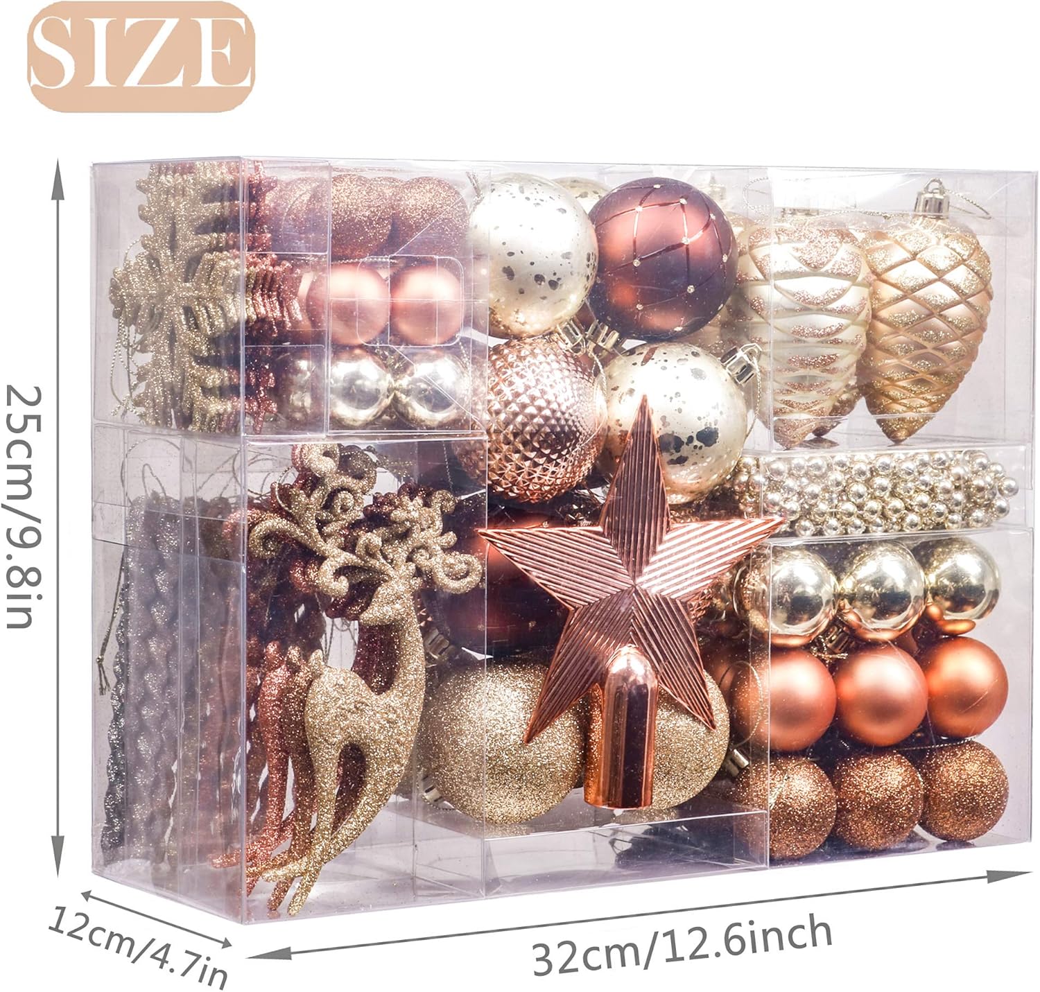 Valery Madelyn Christmas Baubles, 100pcs 3-10cm Shatterproof Pack with Tree Topper, Woodland Copper and Gold Christmas Ball Ornaments - Image 3