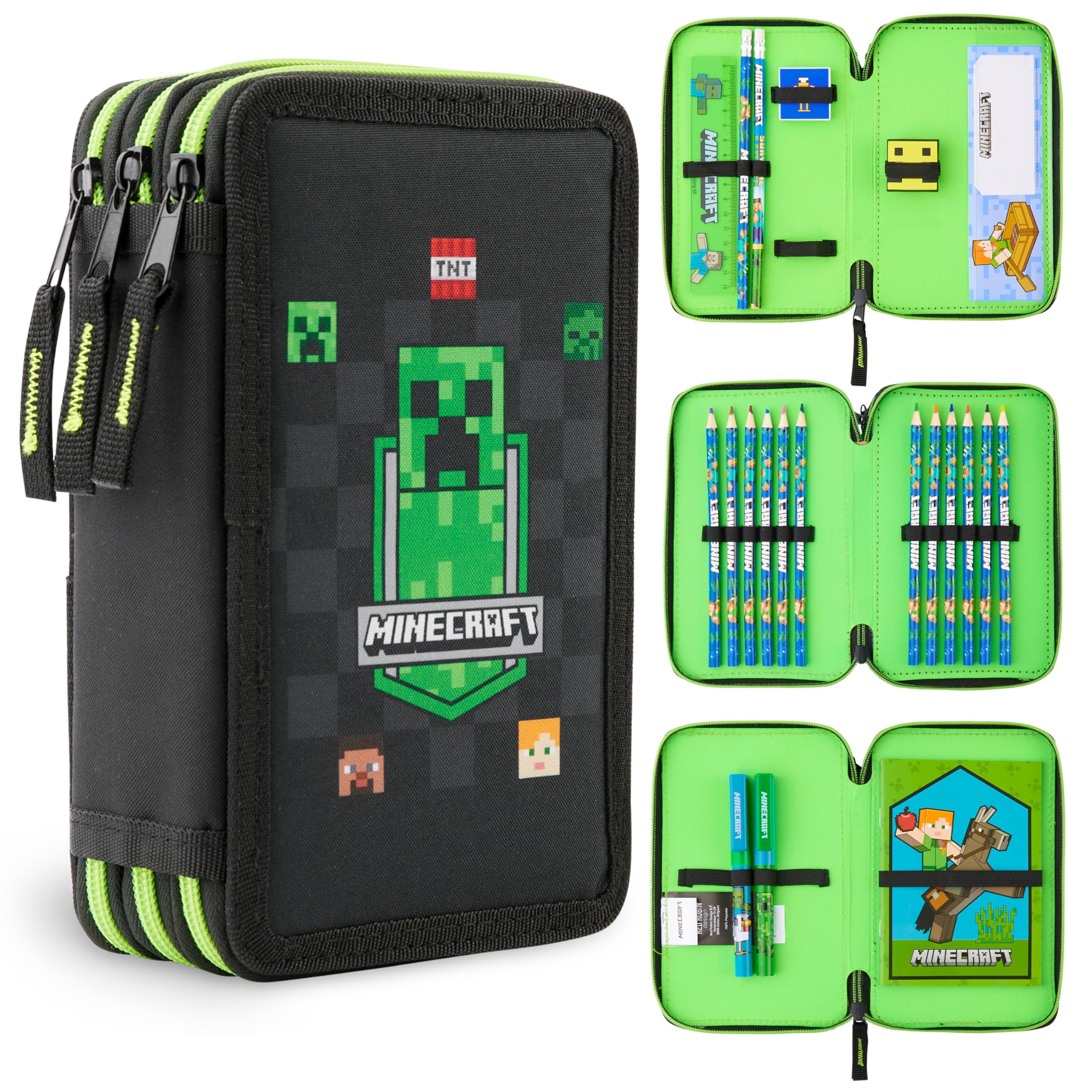 Minecraft Pencil Case Kids Teens Filled with Gamer Stationery Set School Supplies Creeper Pen Case Multiple Compartments Drawing Writing Colouring Set (Black AOP)