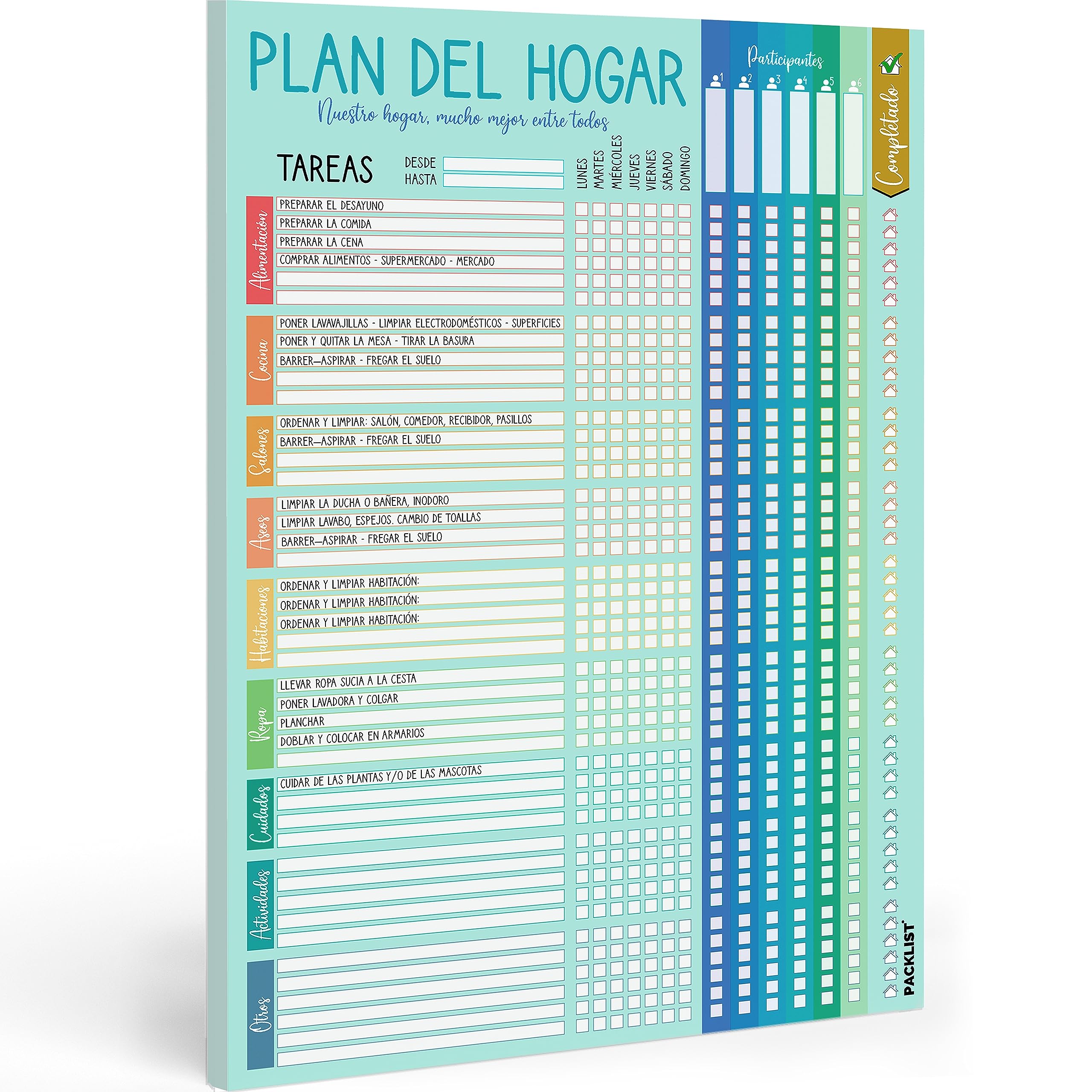 PACKLIST Planificador de Tareas del Hogar - Plan de Limpieza para Familias - Nuestro Hogar, Mucho Mejor entre Todos - Planificador Doméstico para Compartir de Manera Equitativa las Tareas de la Casa