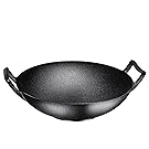 Bruntmor, Pre-Seasoned Cast Iron Wok, Black, 14-inch w/ Large Loop Handles & Flat Base