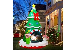 Joliyoou Christmas Inflatable Decoration, 7.2FT H Air-Blown Lighted Christmas Tree Sleeping Inside A Deer, Jumbo Blow Up Xmas Tree Adorned with Red Bow Gift Boxes for Outdoor Indoor Decor