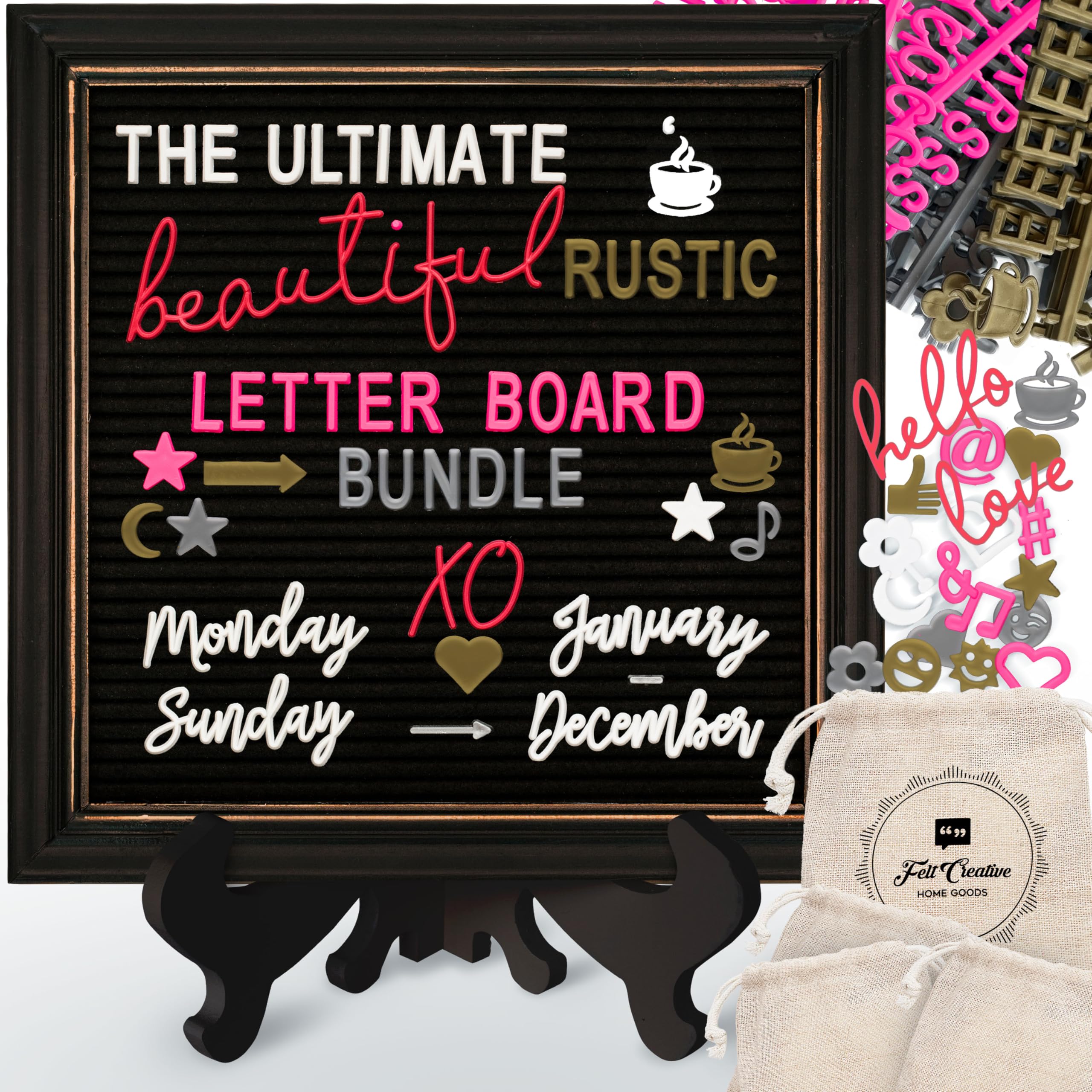 Felt Creative Home Goods Rustic Felt Letter Board Ultimate Bundle Farmhouse Vintage Dark Wood Frame and Stand Changeable Message Memo Board 800+ Letter Set and Custom Easel (Black, 10x10 Inches)