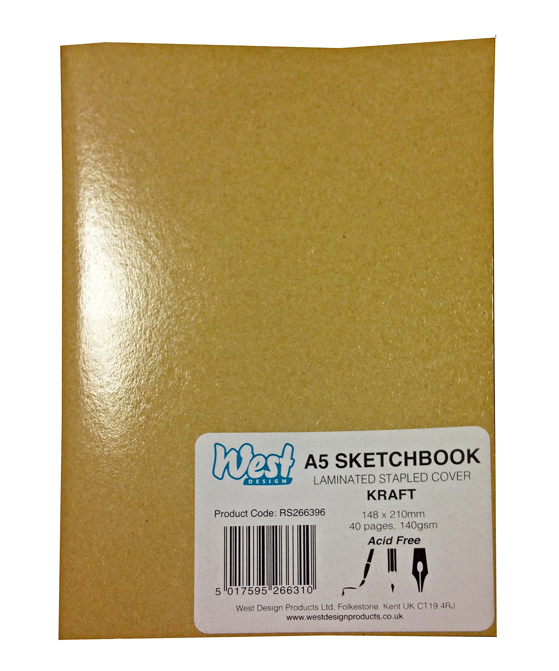 West Design - A5 Sketchbook, 140gsm, 40 White Pages, Stapled Laminated Kraft Cover, Crisp, Acid Free Plain, Blank Paper, Sketch, Draw, Journal, Scrapbook, Drawing Pad, Notebook, Home, Art Supplies