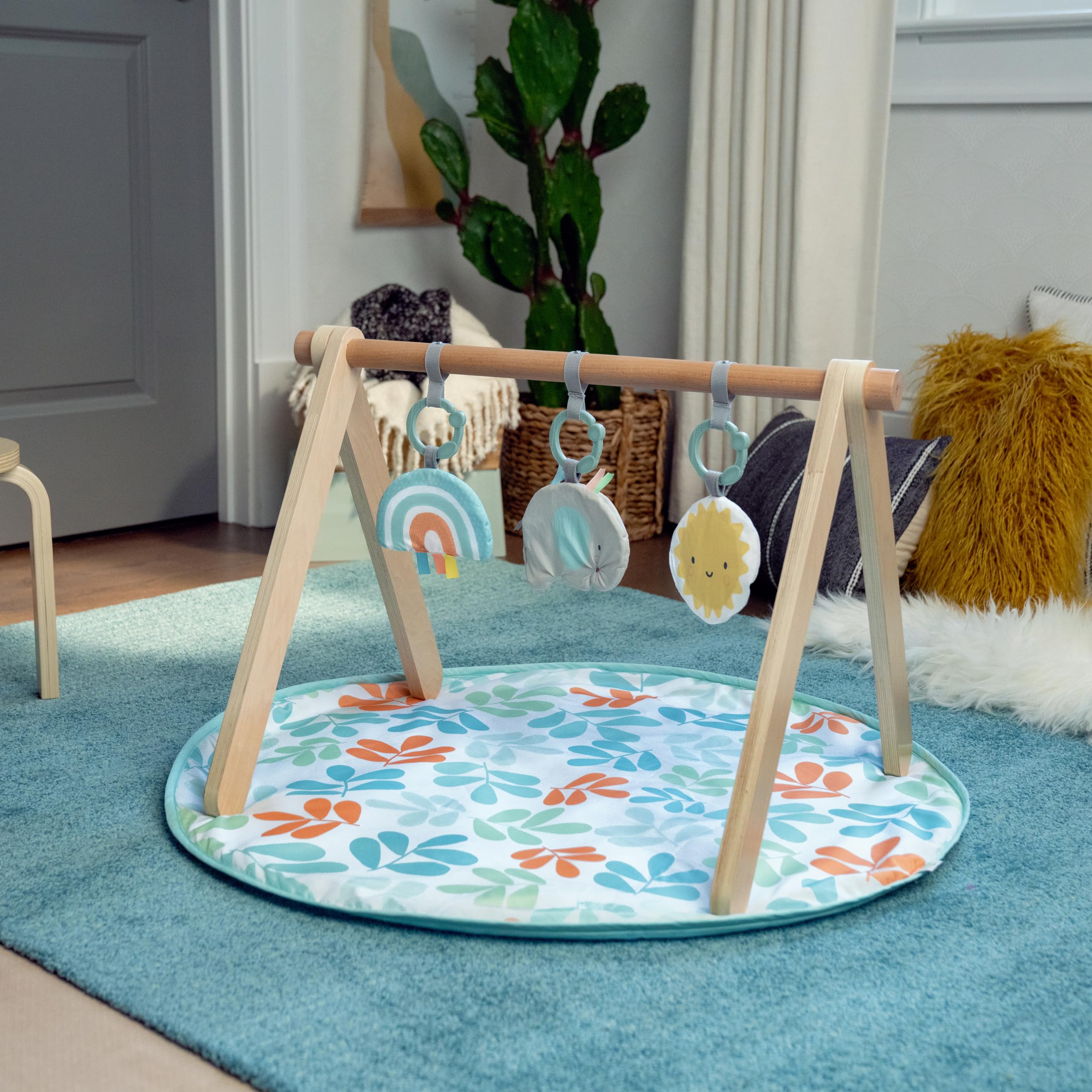 Ingenuity: ity Sun Valley Wooden Toy Arch & Baby Play Mat, Foldable A-Frame Bar with 3 Removable Toys, Machine-Washable Mat, Unisex, for Ages 0-36 Months