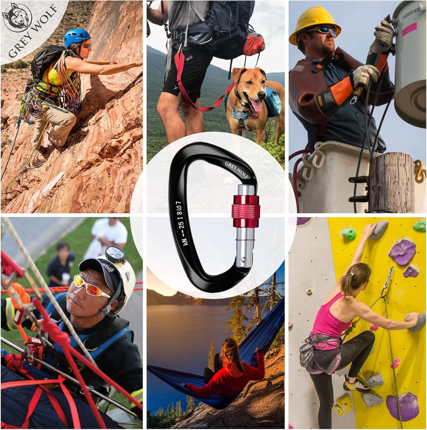 GREY WOLF Heavy Duty Climbing Carabiner – USA Certified 25 KN Screwgate Climbing Harness – D Ring Locking Carabiner for Rock Climbing Holds, Tree Climbing Gear, Dog Leash & Camping Hammock : Sports & Outdoors