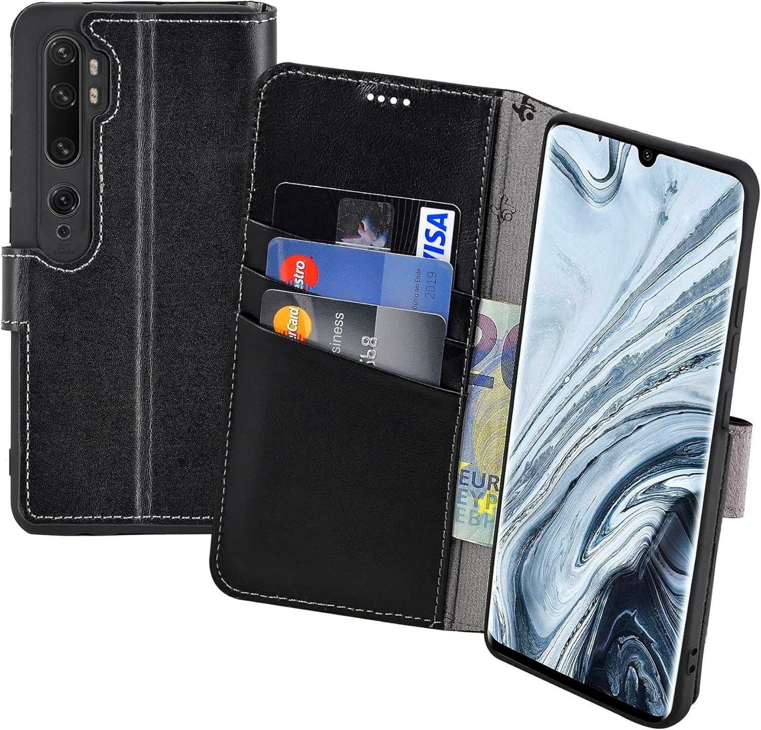 Suncase Book-Style Case Compatible with Xiaomi Mi Note 10 Pro Leather Case (Slim Fit) Leather Mobile Phone Case Protective Case with 3 Card Slots in Black