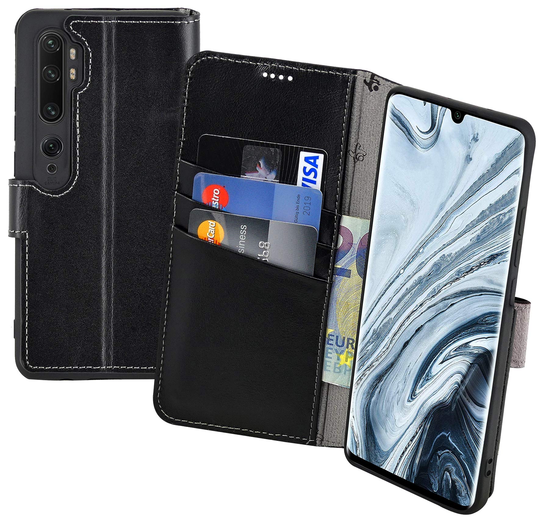 Suncase Book-Style Case Compatible with Xiaomi Mi Note 10 Pro Leather Case (Slim Fit) Leather Mobile Phone Case Protective Case with 3 Card Slots in Black