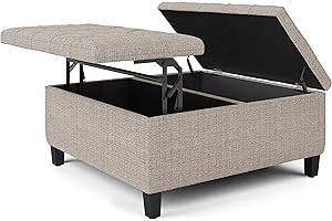 SIMPLIHOME Harrison 36 inch Wide Transitional Square Coffee Table Storage Ottoman in Platinum Tweed Look Fabric, Assembled, For the Living Room and Bedroom
