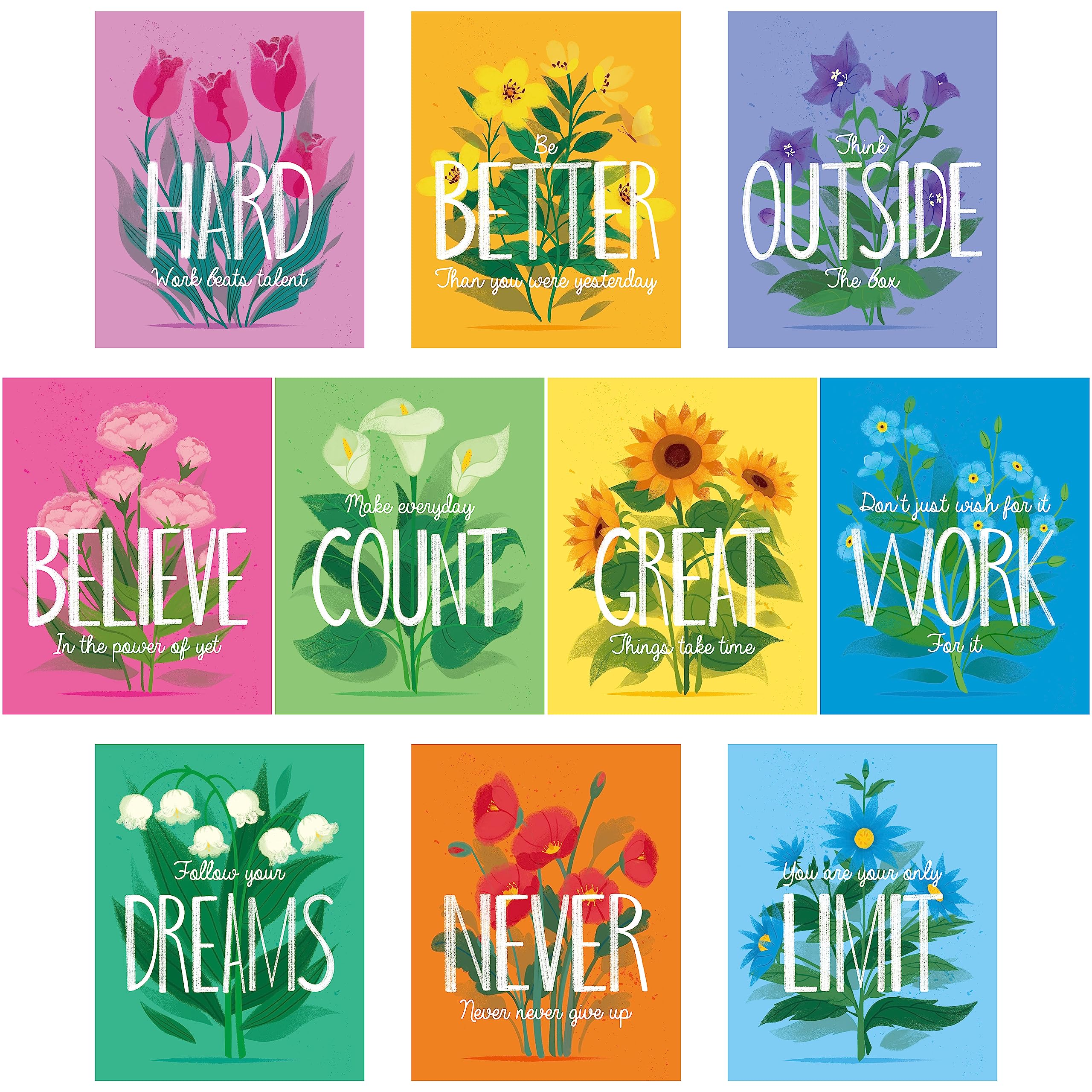 10 PCS Motivational Posters, Thick Inspirational Growth Mindset Posters Erasable Positive Classroom Decors Waterproof with PET Film for Students, Bedroom, Office, School & Classroom (10” x 8”)