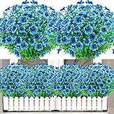 NOV FIRE Artificial Flowers for Outdoors,8 Bundles UV Resistant Fake Outside Flowers Plastic Plants Outdoor Faux Flower for Garden Porch Window Box Home Decor(Blue)