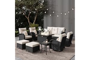 LayinSun 10 Pieces Outdoor Patio Furniture Set with Fire Pit Table, Rattan Wicker Sectional Swivel Rocker Chairs Sets