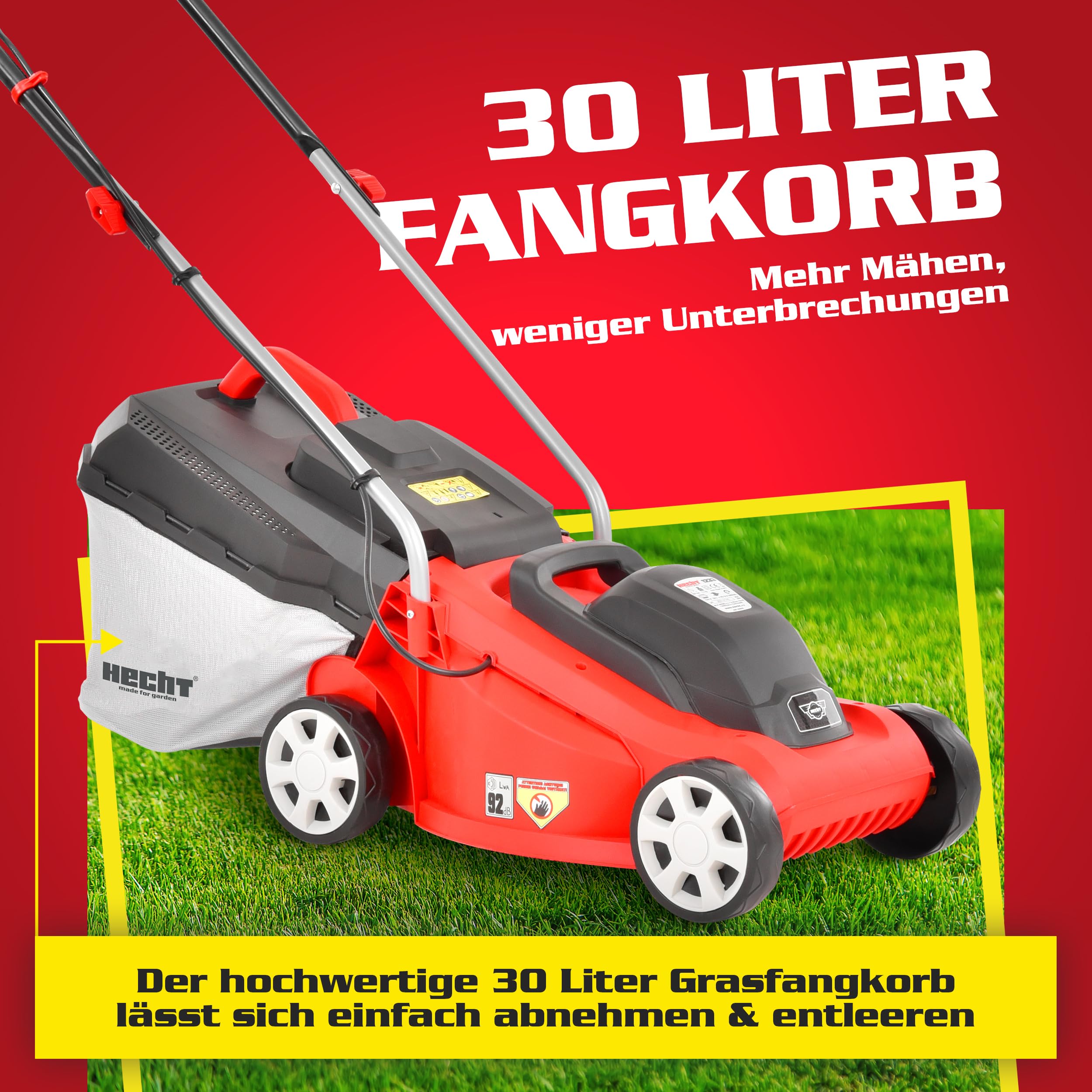 HECHT 2-IN-1 Elektro Rasenmäher mit 1300 Watt Motor – 33 cm Schnittbreite – Radschnitthöheneinstellung 20-60 mm – 30 Liter Fangkorb für einen schön gepflegten Rasen – Electric Lawnmower 7