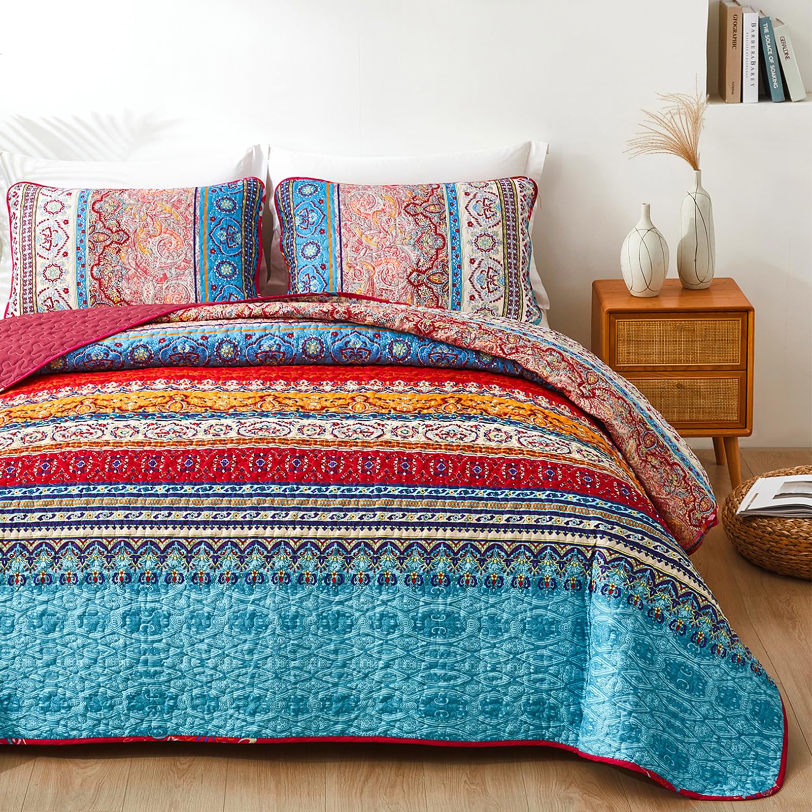 WONGS BEDDING Boho Quilt Set Twin Size, Bohemian Stripe 2 Pieces Christmas Quilts Bedspread Set Lightweight Microfiber All Season Bedding Coverlet Set for Twin Bed (68"x86")