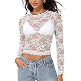 YYA Womens Mesh Tops Lace Long Sleeve Shirts Crewneck Slim Fitted Outfits See Through Blouses S-XXL