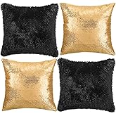 Mixweer 4 Pcs Sequin and Fluffy Pillow Cases Glitter Pillow Covers Faux Fur Throw Covers Decorative Cushion Case for Couch Bed Sofa Wedding, No Insert(18'',Gold, Black)