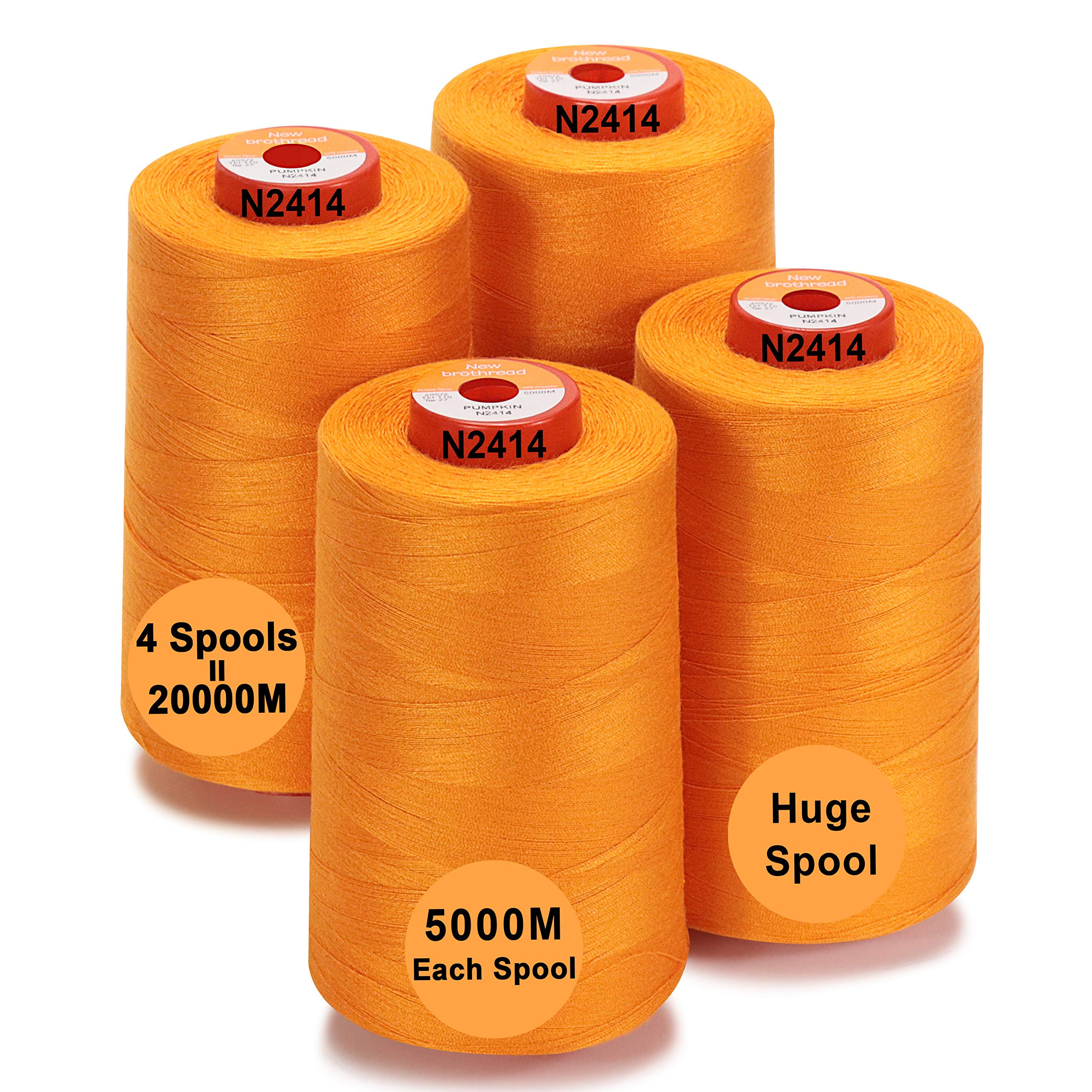 New brothread - 28 Options - 4 Large Cones of 5000M Each All Purpose Polyester Sewing Thread 40S/2 (Tex27) for Sewing, Quilting, Piecing, Serger and Overlock - Pumpkin
