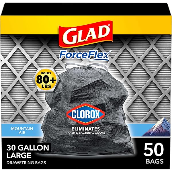 GLAD LARGE 30 GALLON TRASH BAGS, CLOROX MOUNTAIN AIR HEAVY DUTY GARBAGE BAGS, FORCEFLEX WITH DRAWSTRING, 50 COUNT (PACKAGING MAY VARY)