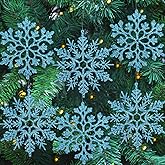 6pcs Large Snowflakes Ornaments Blue 12” Big Plastic Glitter Snowflake for Winter Indoor Outdoor Christmas Tree Window Room Decorations Giant Craft Snowflakes