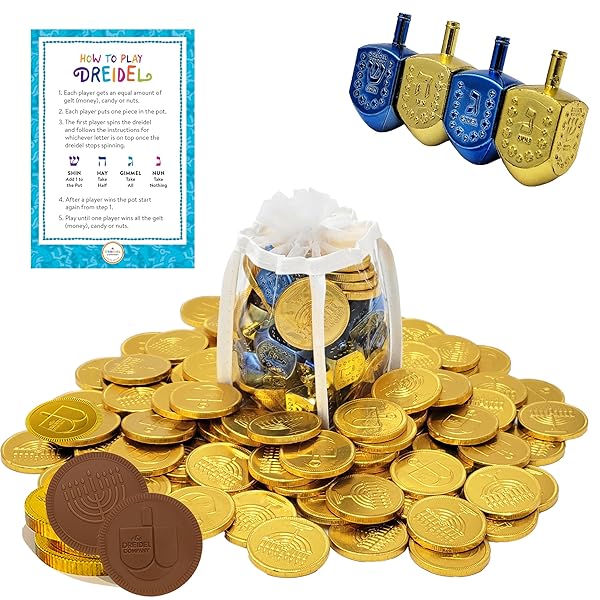 THE DREIDEL COMPANY HANUKKAH GIFT-SET OF 8 DREIDELS AND 25 PREMIUM CHOCOLATE GELT COINS FOR CHANUKAH, IN ADORABLE DREIDEL SHAPED KEEPSAKE BAG (HANUKKAH CHOCOLATE GELT)