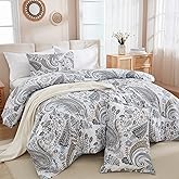 Cozaline Grey Blue Paisley Comforter Set Queen Size 3 Pieces 100% Cotton Boho Paisley Pattern Bedding Set All Season Soft Cotton Lightweight Reversible Comforter