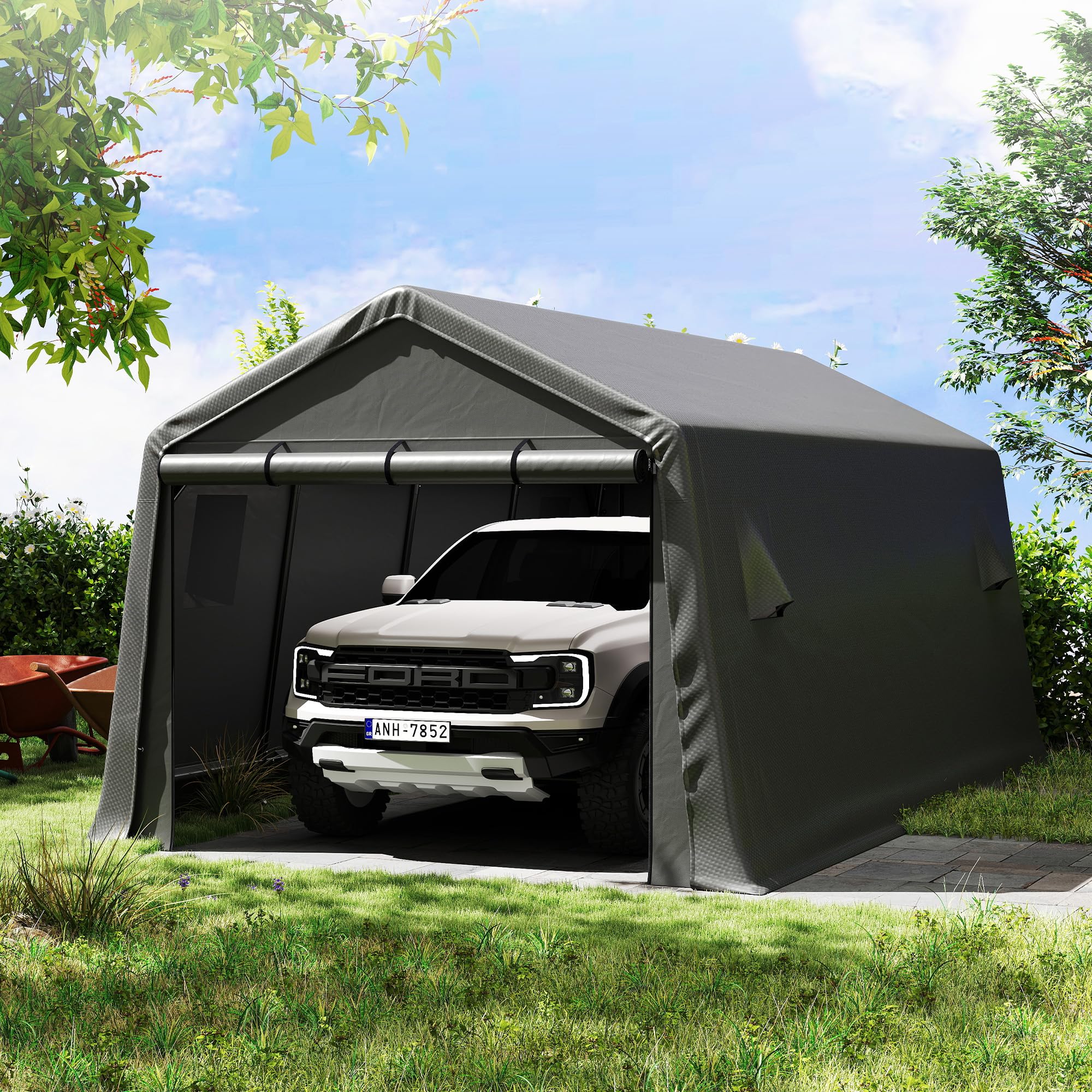 Photo 1 of 10×20 FT Heavy Duty Snowproof Carport, Large Outdoor Shelter, 240 g PE Waterproof Cover, 10 Thickened Pipe Support Frames, Storage for Agricultural Utility Tractors, Pickup Trucks, Agricultural Tools this item seem to be the frame only no canvas cover and
