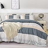 RYNGHIPY Queen Size Comforter Set Beige Grey Striped Men Boys Bedding Set Soft All Season Down Alternative Comforter Bedding Sets (Queen,Beige Grey)