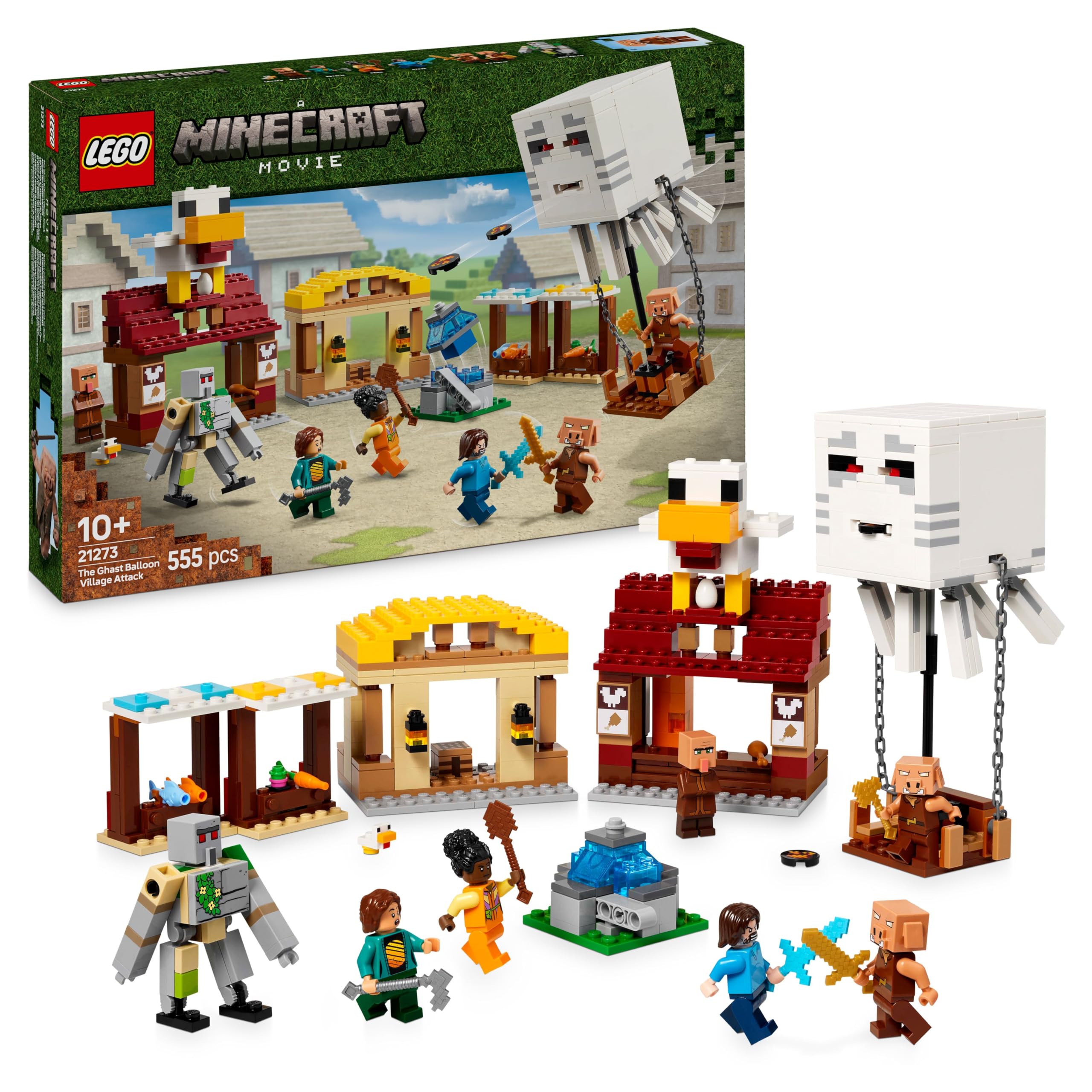 LEGO Minecraft Attacco al Villaggio del Ghast-Pallone - Giocattolo con Casa di Steve, 4 Minifigure, Golem di Ferro e Funzione Fontana Esplosiva - Regalo per Gamer, Bambini e Bambine da 10 Anni - 21273