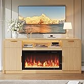 Decofy 70" Fluted Fireplace TV Stand for 80" TV, TV Console Cabinet with Wavy Grain Doors & Adjustable Shelves, Remote & Touch Control Adjustable LED Light, Flame Colors&Temperature for Living Room