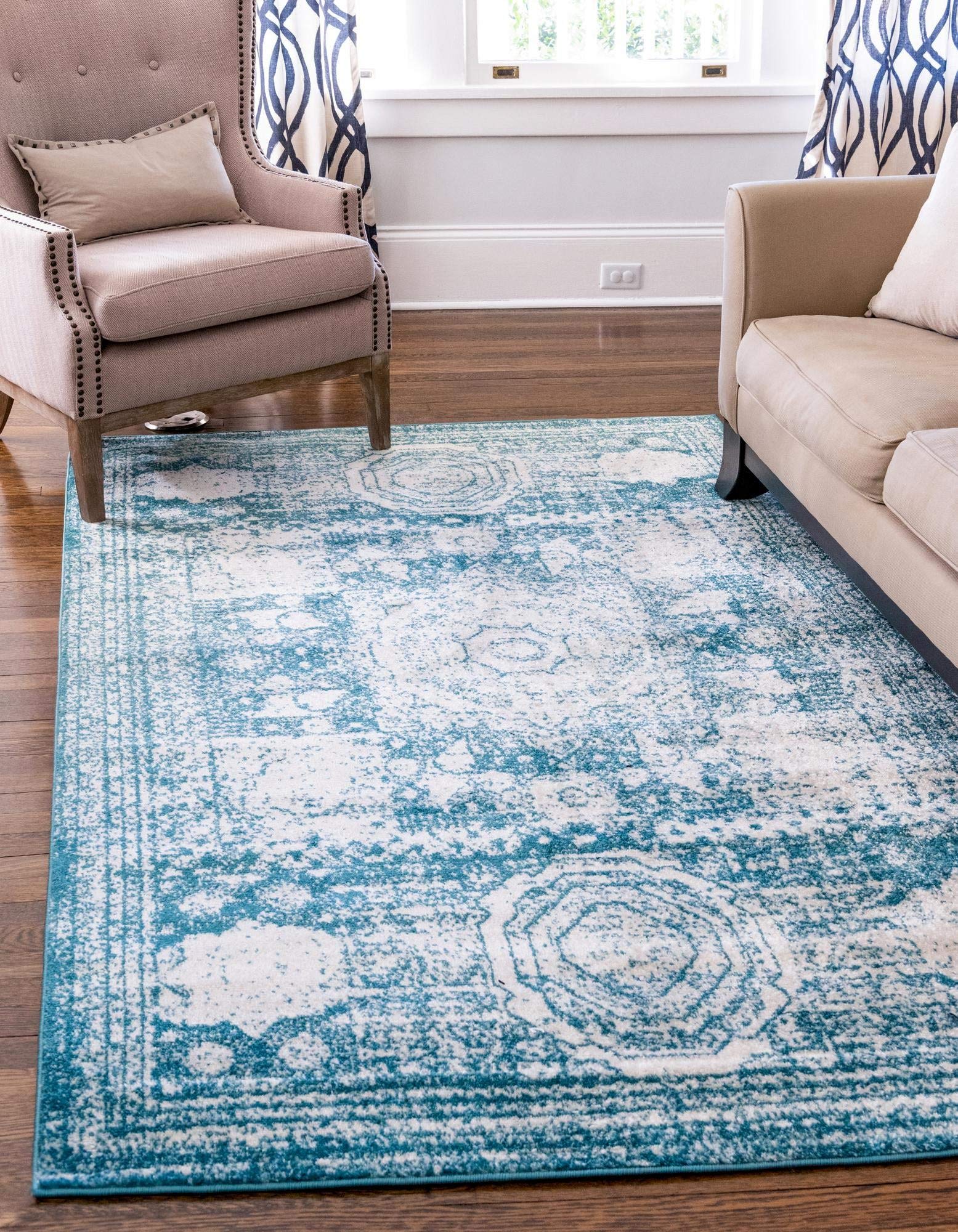 Rugs.com Dover Collection Rug – 7' x 10' Turquoise Low-Pile Rug Perfect for Bedrooms, Dining Rooms, 
