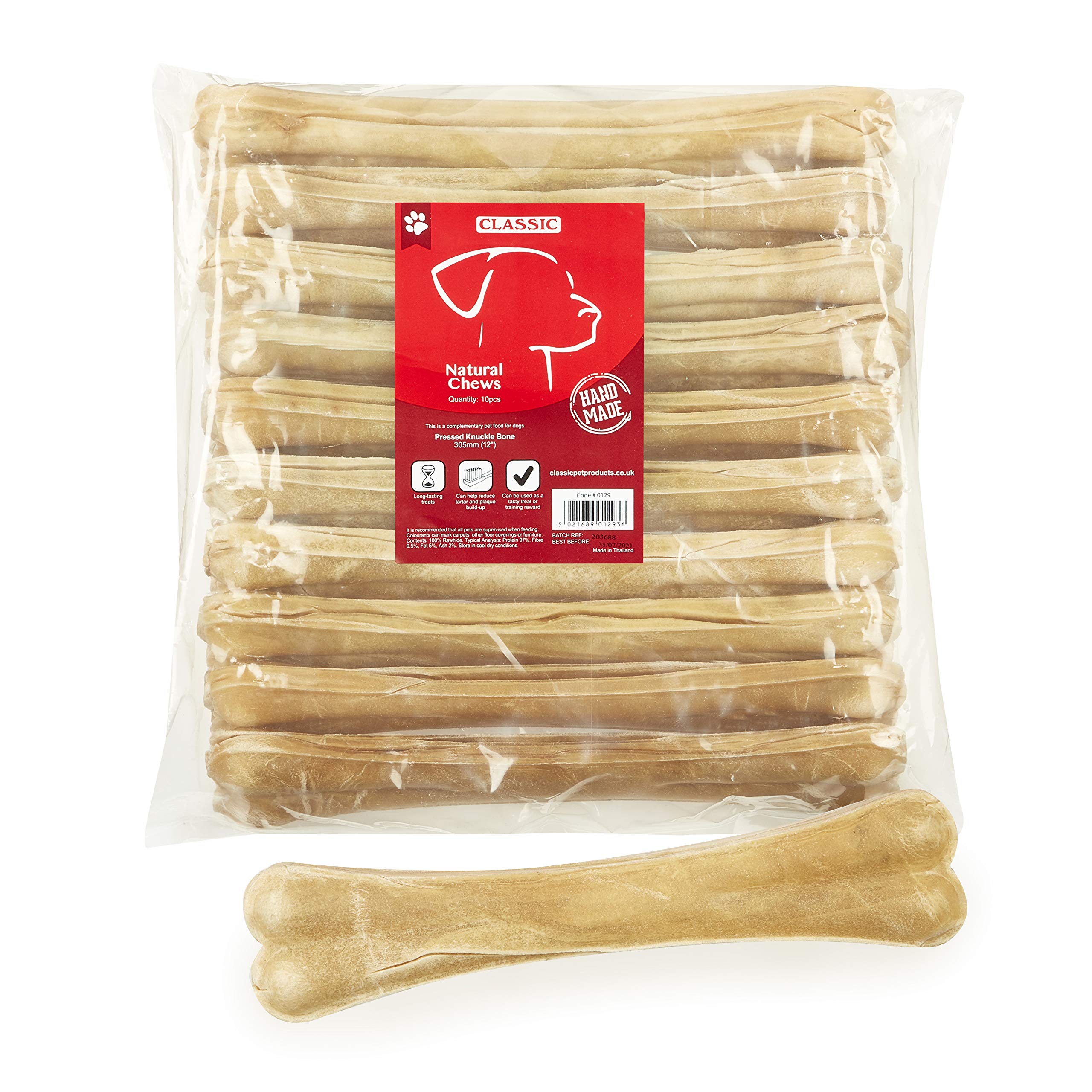 CLASSIC Rawhide Pressed Knuckle Bone for Dogs, 305 mm, Pack of 10