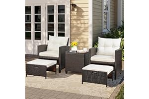 Vongrasig 5 Piece Patio Furniture Set, Small Balcony Furniture, PE Wicker Rattan Patio Chairs Set of 2, Outdoor Lounge Chairs with Cushions Ottomans &Glass Table for Porch Garden(Beige)