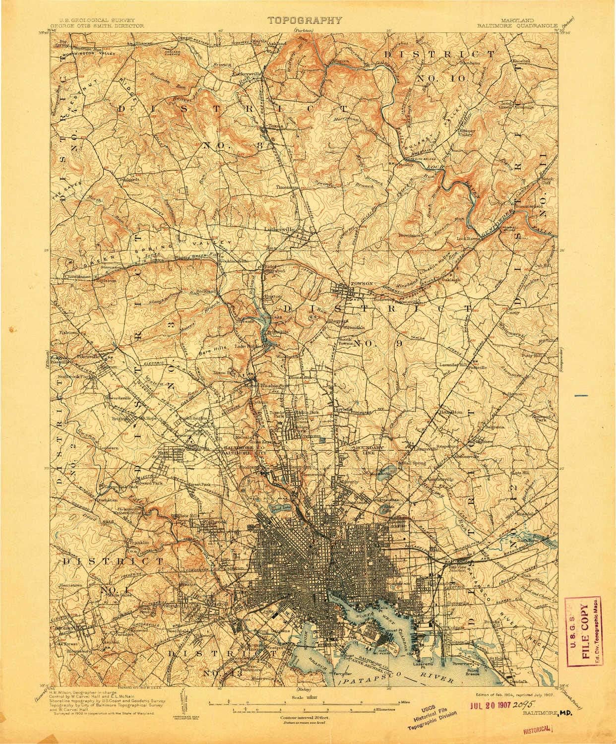 YellowMaps Baltimore MD topo map, 1:62500 Scale, 15 X 15 Minute, Historical, 1904, Updated 1907, 19.9 x 16.5 in