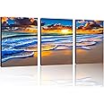 TutuBeer 3 Pcs Wall Decor Beach Ocean Pictures Sunrise over the Beach Pictures Print on Canvas Seascape Canvas Coastal Wall Art Ocean Wall Art Stretched and Framed 12" x 16" x 3