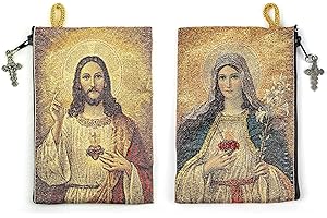 TREE OF LIFE REV. 22:14 Catholic Rosary Pouch, Sacred Heart of Jesus & Immaculate Heart of Mary, 4" x 6" Jewelry & Coin Purse with Cross, Small Woven Tapestry Icon Bag, Bolsa de Rosario Católico para Joyería