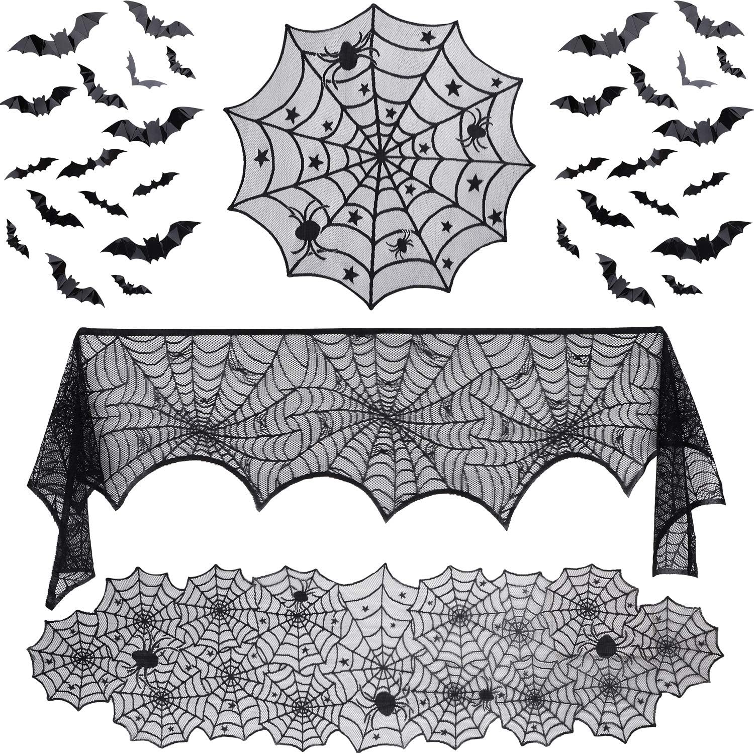 35 Pieces Halloween Decorations Set Include Lace Spider Web Table Runner, Round Lace Table Cover, Fireplace Mantel Scarf and 32 Pieces 3D Bats Wall Sticker Decal: Kitchen & Dining