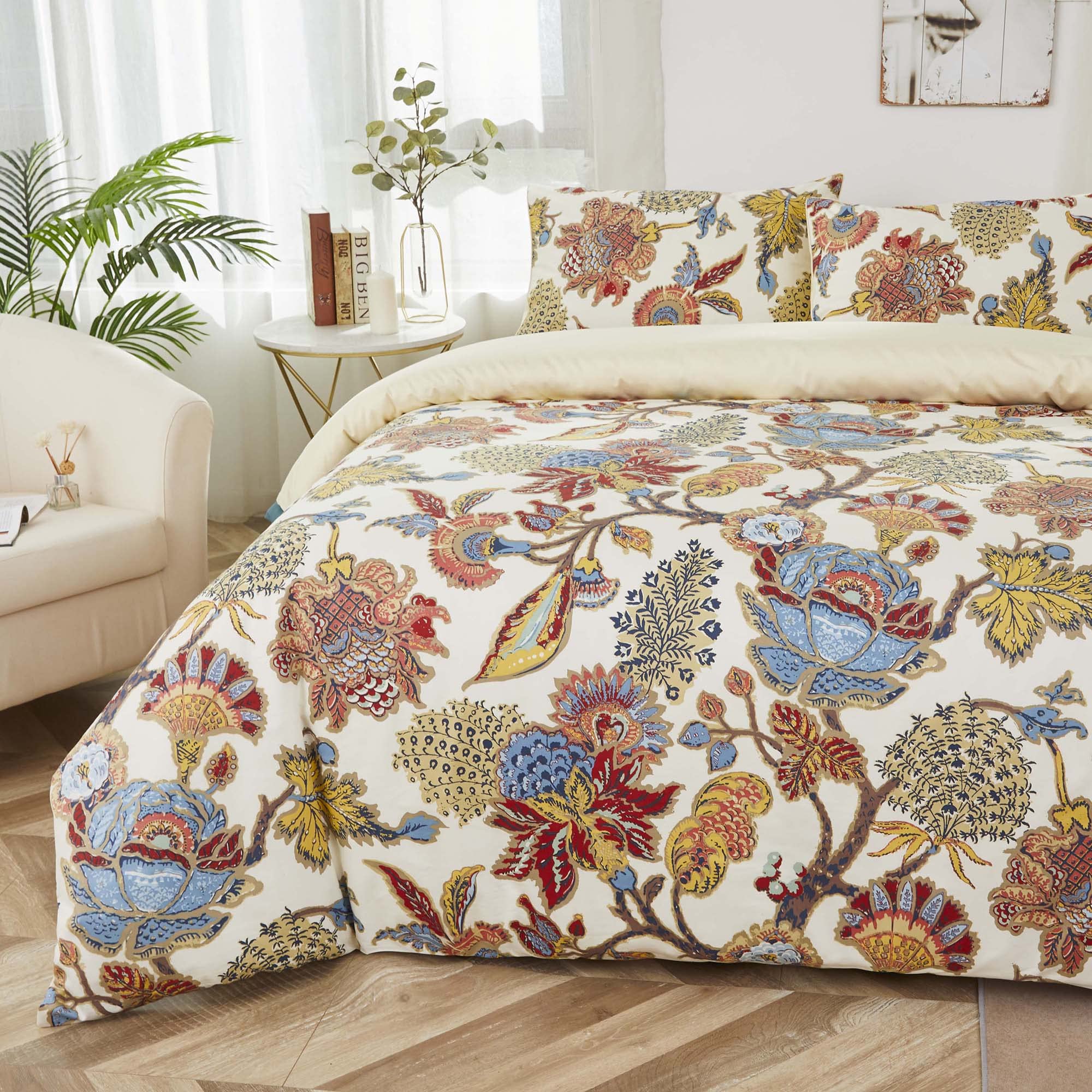 Photo 1 of Softta Vintage Luxury Flower Leaves King Size Bedding Set 4Pcs Duvet Cover + Flat Sheets Set + 2 Pillowcases Boho Floral 100% Egyptian Cotton Colorful Red Orange Blue