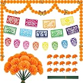 93 Pcs Dia De Los Muertos Decorations Ofrenda Set,Day of the Dead Altar Kit | with 50 Marigold Flowers, Marigold Garlands, Felt Skulls, Mexican Party Banner & 24 Monarch Butterflies