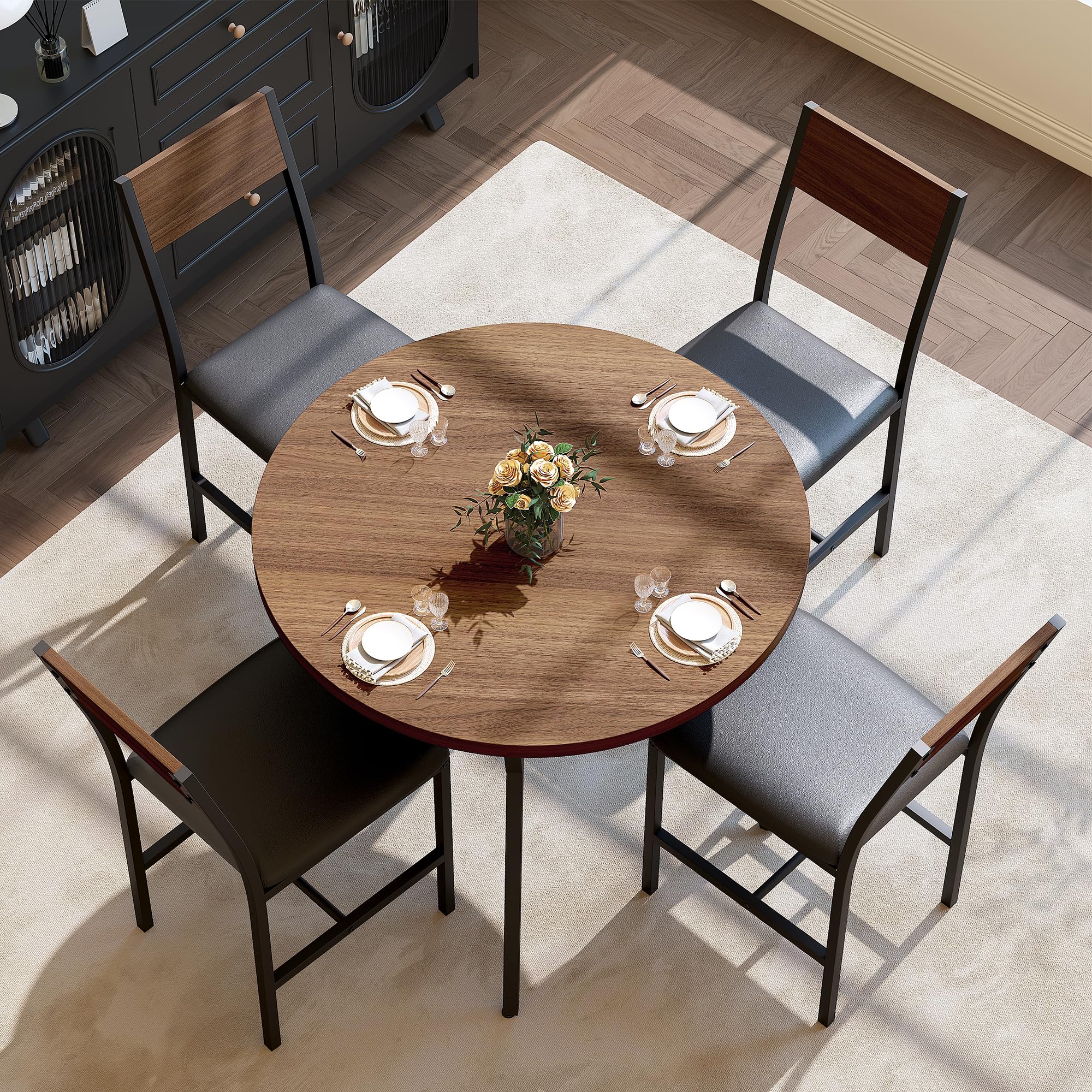 Photo 1 of *PREVIOUSLY ASSEMBLED//MISSING SOME HARDWARE**Pamapic Round Dining Table Set for 4, Kitchen Table and Chairs for 4, Dining Room Circle Dinner Pedestal Table, Solid Metal Frame,Space Saving Wood Kitchen & Dining Room Furniture,Walnut