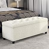 BELLEZE 47" Storage Ottoman, Storage Bench with Safety Close Hinge, Linen Button-Tufted Ottoman for Living Room, Entryway, Hallway, Foot Rest, Support 300lbs - White