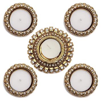 HomeSquare Golden Metal Tealight Holder | Diwali Diya - Set of 5