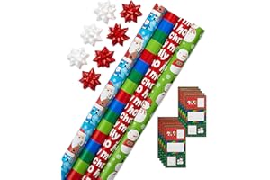 American Greetings Kids Christmas Wrapping Paper Set, Holiday Gift Wrap for Boys and Girls (120 sq. ft., 4 rolls-30 in. x 12 ft., 7 Adhesive Bows, 30 Gift Tag Stickers) Santa and Snowmen