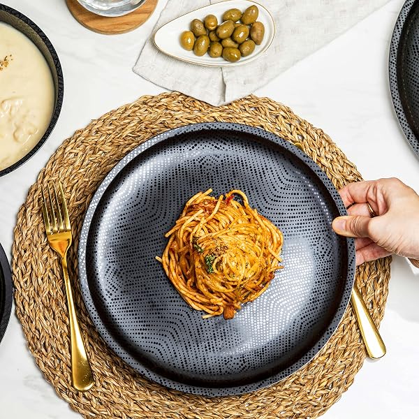 BZYOO 12 PIECE MELAMINE DINNERWARE SET – DURABLE, DISHWASHER SAFE BLACK PLATES AND BOWLS – CASUAL DINING, PARTIES, CAMPING DISH SET MONO BLACK COLLECTION