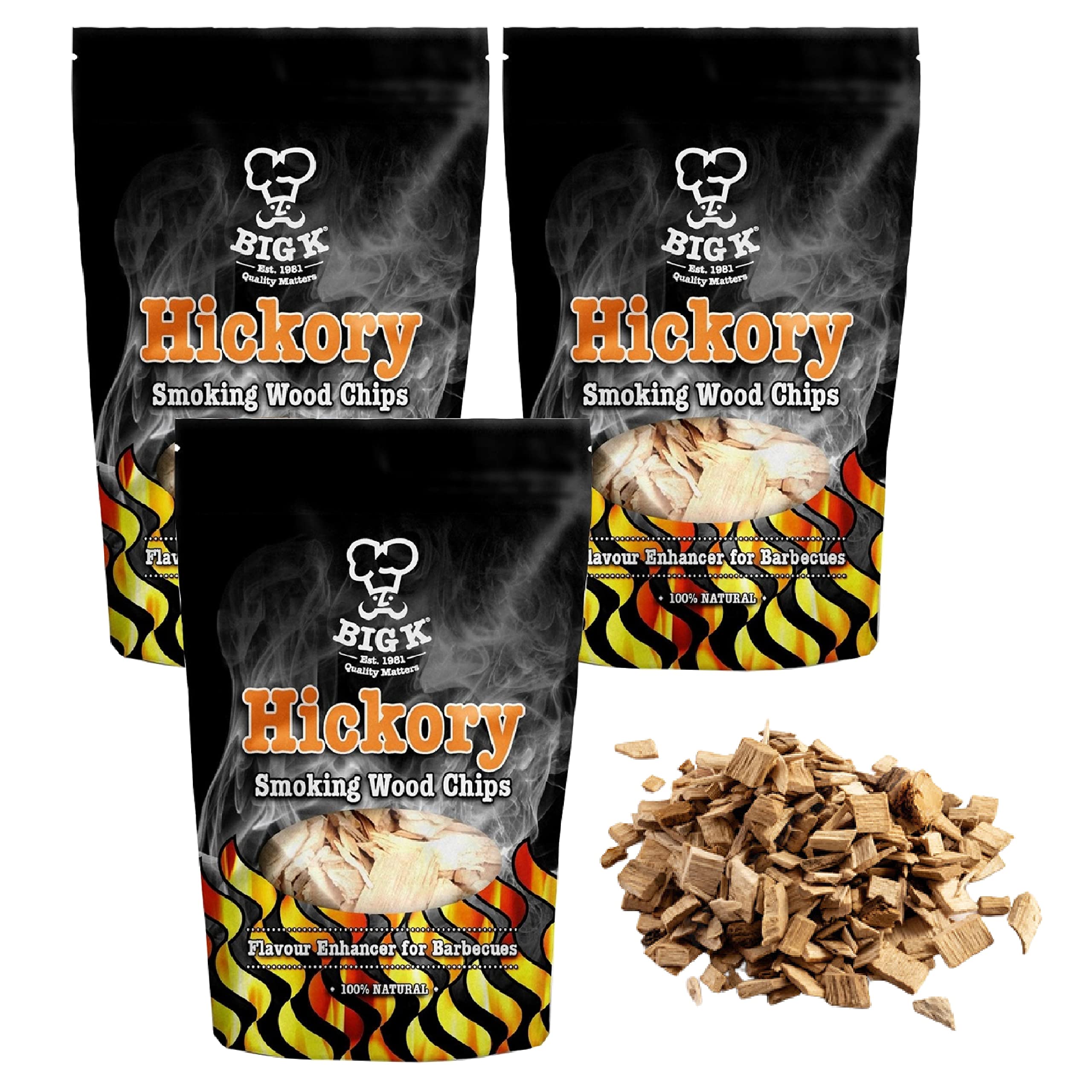 Topline Big K Hickory Smoking Wood Chips - Pack of 3 Natural BBQ Smoker Wood Chips 400g Bags with Thank You Card for Smoking, Grilling, Barbecuing Meats.