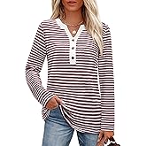 Uhiger Striped Long Sleeve Shirt Women Waffle Knit Tops V Neck Shirts Womens Blouses Basics Clothing Cruise Outfit