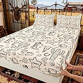 Western Cowboy Kids Fitted Sheet Full Size,Cow Skull Horseshoe Cactus Rustic Bedding Set,Boys Girls Adult Bedroom Decor,Cowboy Boot Hat Farmhouse Bed Cover,Retro Bed Sheet,2 Pillowcases（No Flat Sheet）