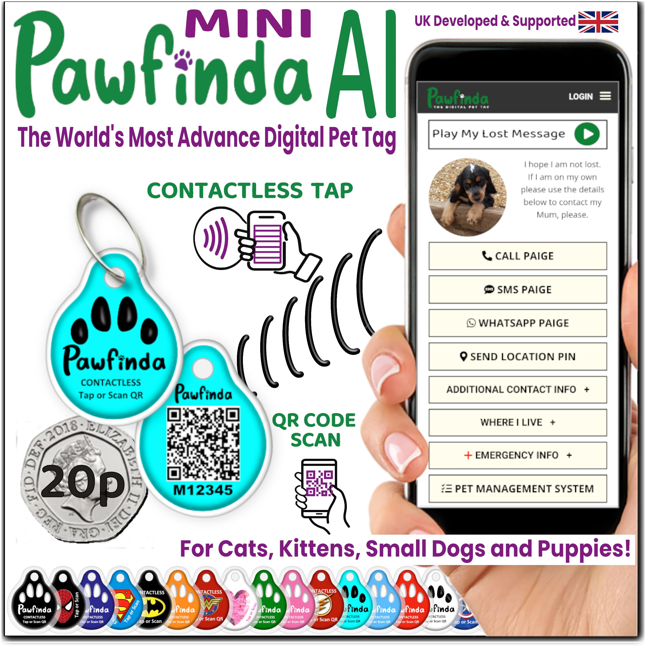 PAWFINDA – Next Generation AI Digital Personalised Cat Dog Pet Engraved ID Tag with CONTACTLESS NFC and QR Code Technology Now with PawVoice AI. UK Developed, Designed, and Supported. (Turquoise)