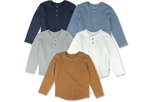 HonestBaby Boys' Baby Toddler & Kid Waffle Henley 100% Organic Long Sleeve Shirts (5-Pack)