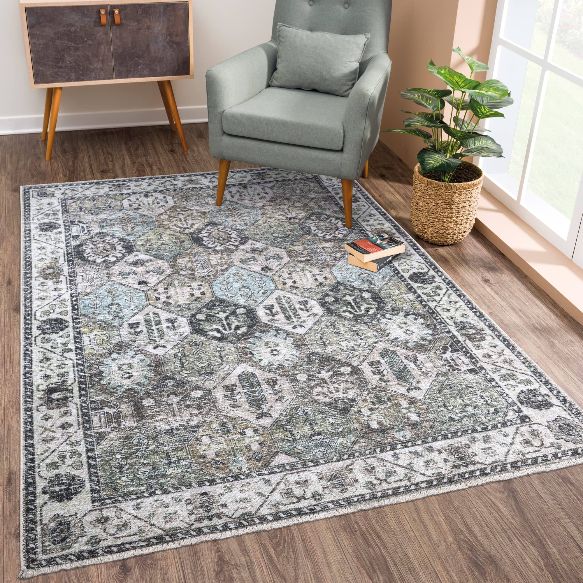 Bloom Rugs Caria Washable Non-Slip 5x7 Rug - Beige/Olive Traditional Area Rug for Living Room, Bedroom, Dining Room, and Kitchen - Exact Size: 5' x 7'