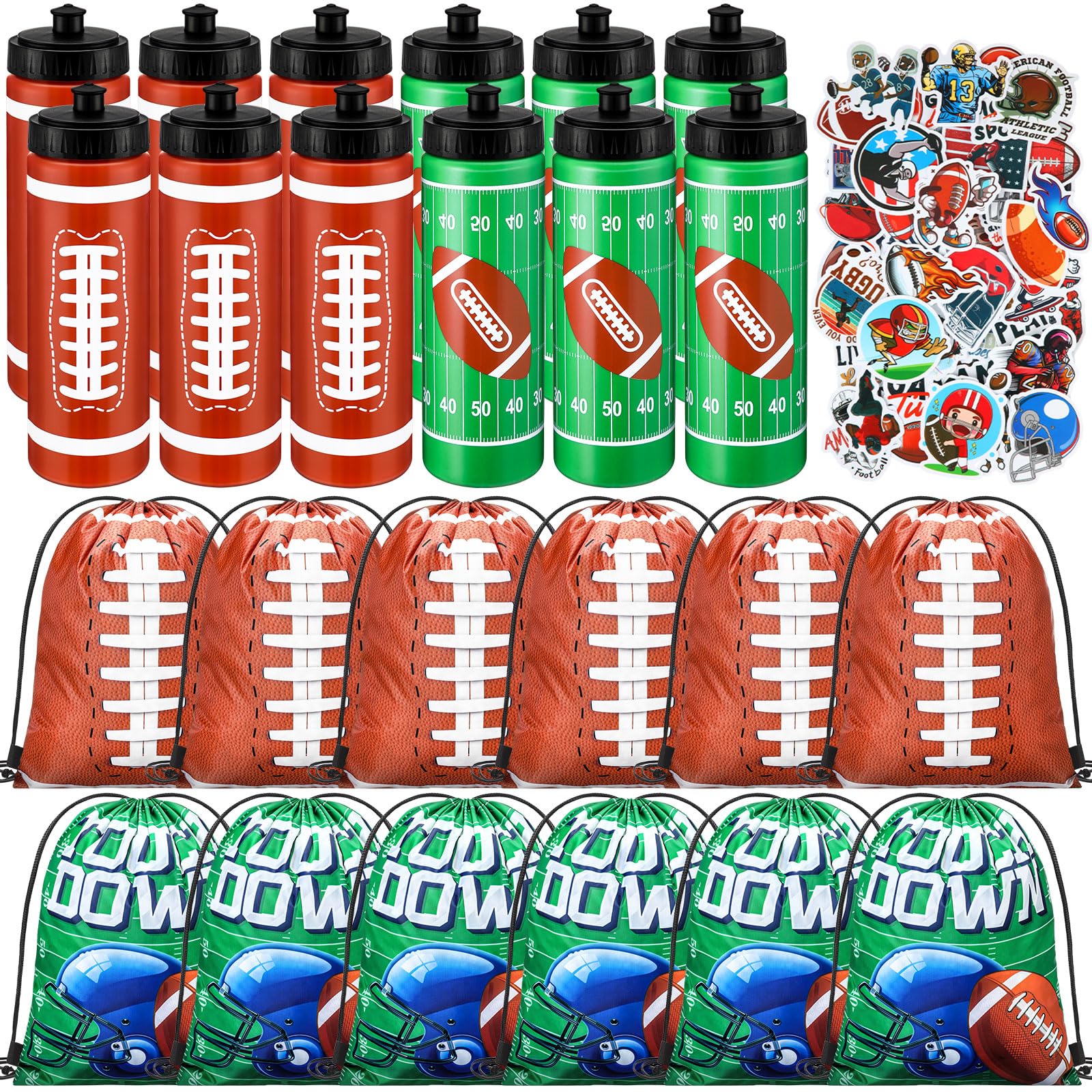 View 1 of ****MISSING MOST ITEMS****Funnymoom 24 Pcs Football Water Bottle Football Drawstring Bag Set with 50 Sticker Football Party Favors 12 Reusable Sports Squeeze Water Bottle 20oz 12 Football Goodie Gift Bag for Football Team Gift